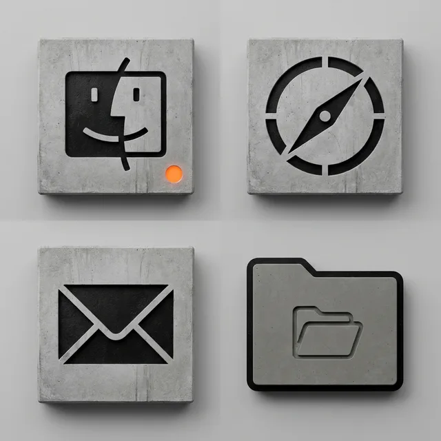 Brutalist icon sample: Finder, Safari, Mail and a folder