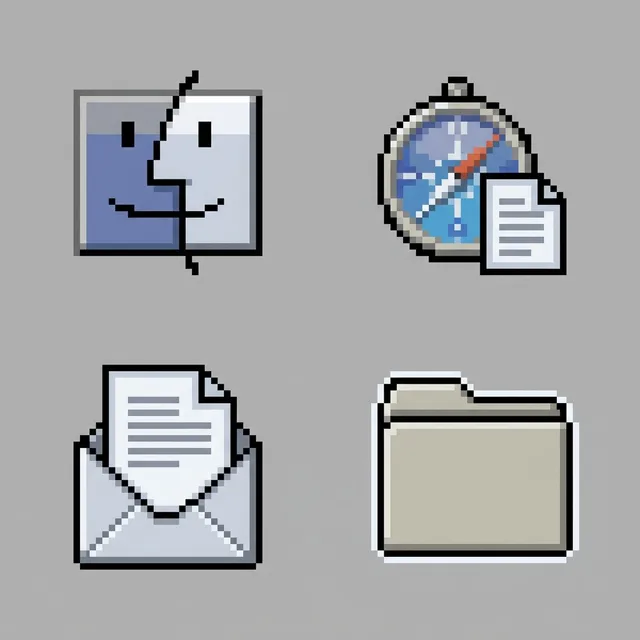 Classic Mac OS icon sample: Finder, Safari, Mail and a folder