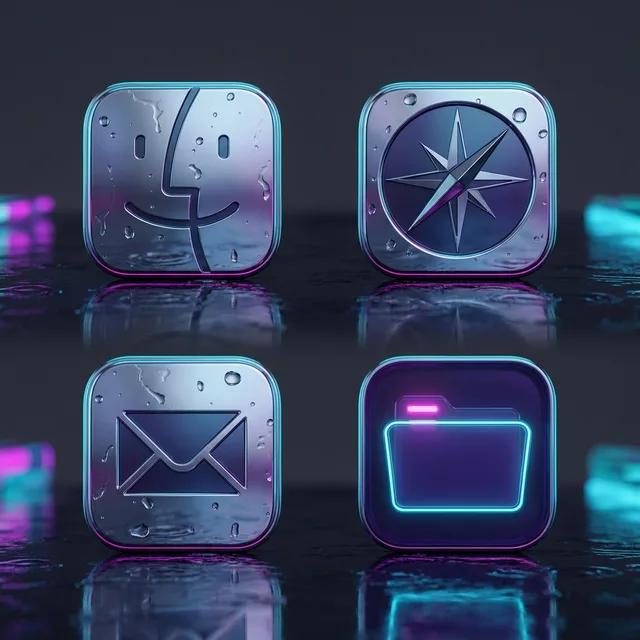Cyberpunk icon sample: Finder, Safari, Mail and a folder
