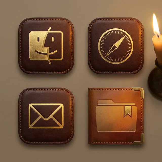 Dark Academia icon sample: Finder, Safari, Mail and a folder