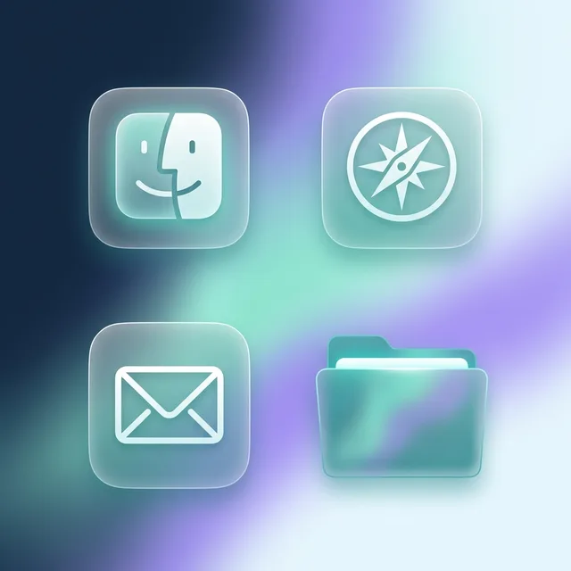 Glassmorphism icon sample: Finder, Safari, Mail and a folder