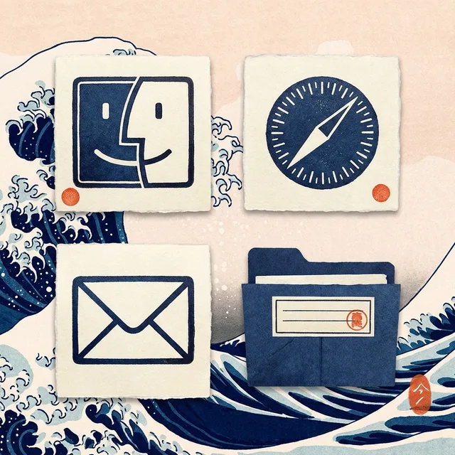 Japanese Ukiyo-e icon sample: Finder, Safari, Mail and a folder