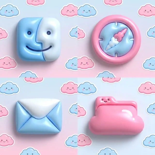 Kawaii icon sample: Finder, Safari, Mail and a folder