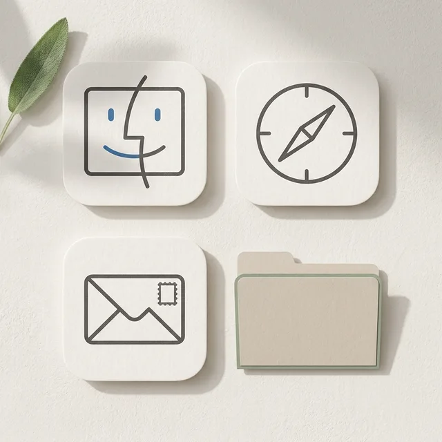 Minimal icon sample: Finder, Safari, Mail and a folder