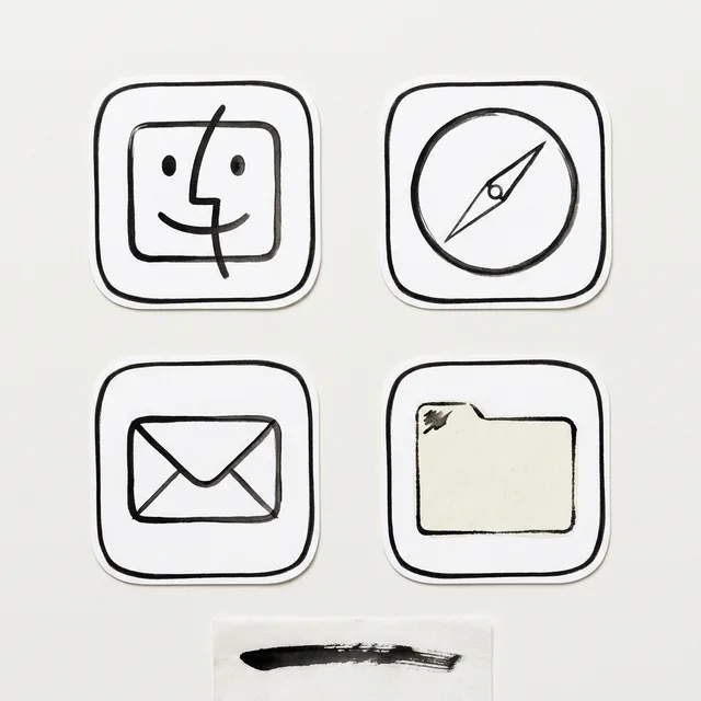 Monochrome icon sample: Finder, Safari, Mail and a folder