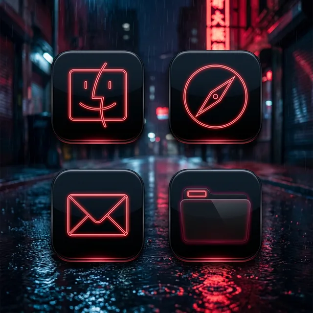 Neon Noir icon sample: Finder, Safari, Mail and a folder