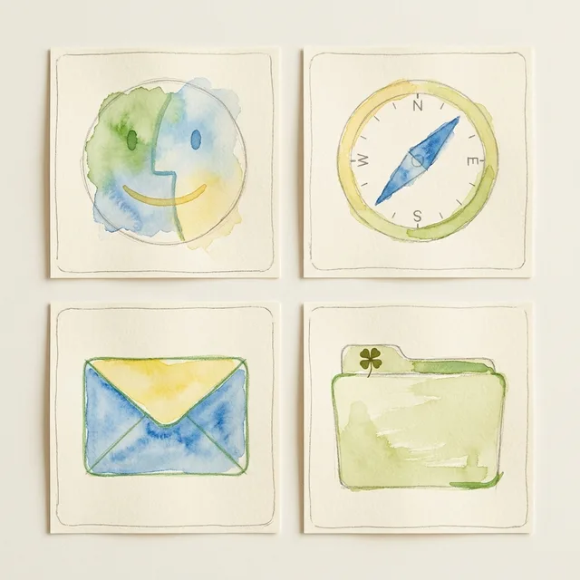 Painterly Countryside icon sample: Finder, Safari, Mail and a folder