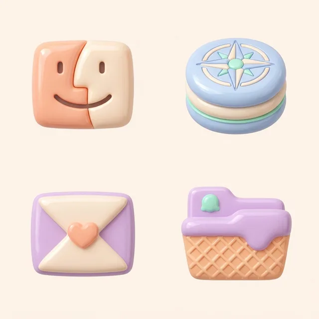 Pastel Aesthetic icon sample: Finder, Safari, Mail and a folder