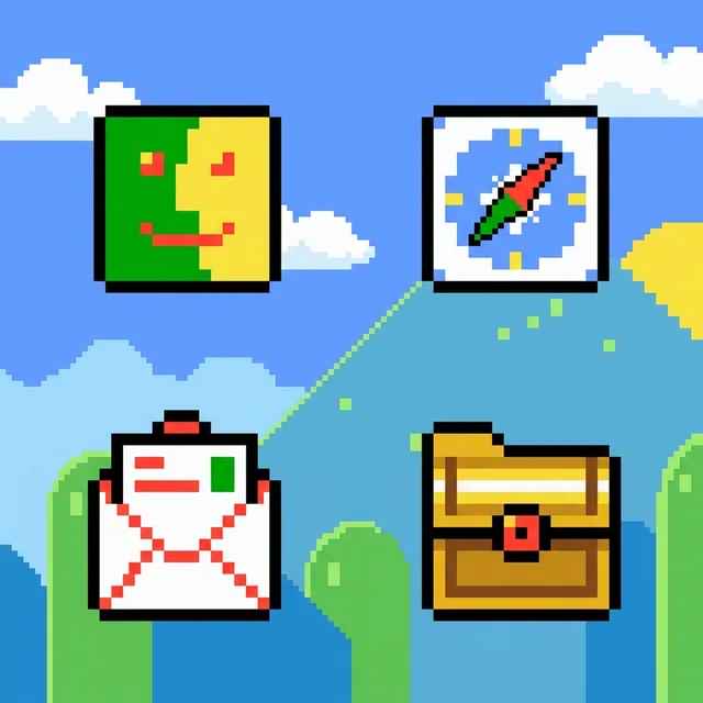 Pixel Art icon sample: Finder, Safari, Mail and a folder