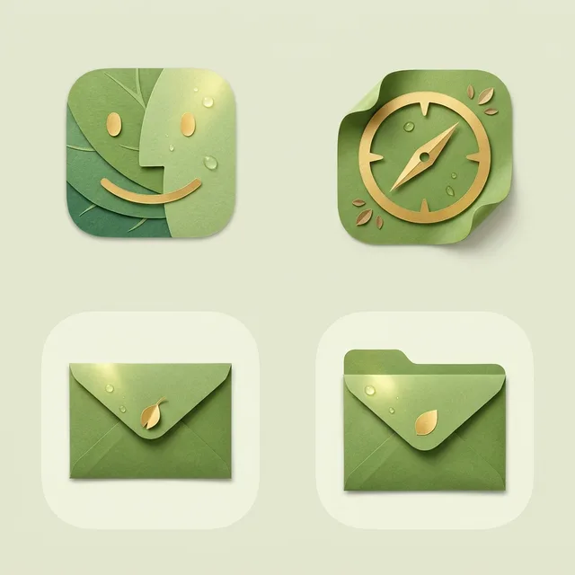 Solarpunk icon sample: Finder, Safari, Mail and a folder