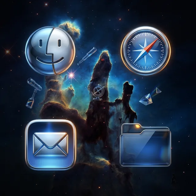Deep Space icon sample: Finder, Safari, Mail and a folder