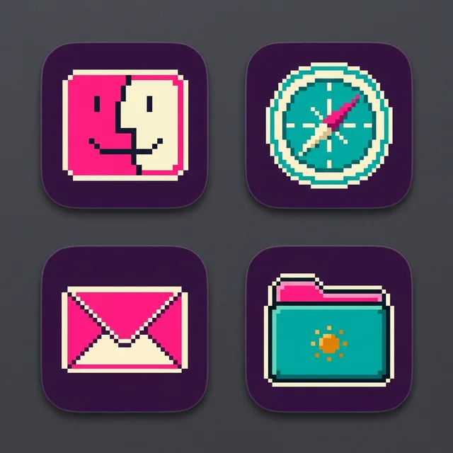 Retro 80s Synthwave icon sample: Finder, Safari, Mail and a folder