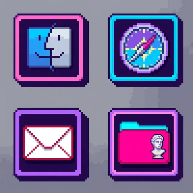Vaporwave icon sample: Finder, Safari, Mail and a folder