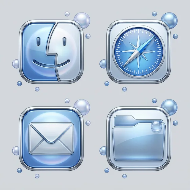 Y2K icon sample: Finder, Safari, Mail and a folder
